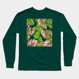 Tropical Leaves Of Banana and Monstera Pink Green Cut Out Long Sleeve T-Shirt